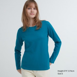 Uniqlo Smooth Cotton Stretch Crew Neck Long Sleeved T-Shirt T-shirt Dam Gröna | BEDNH-4068