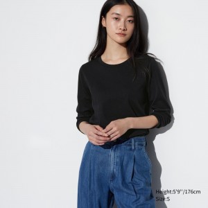 Uniqlo Smooth Cotton Stretch Crew Neck Long Sleeved T-Shirt T-shirt Dam Svarta | SYHWM-9762