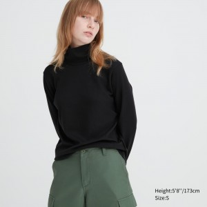 Uniqlo Smooth Cotton Stretch Turtleneck Long Sleeved Top T-shirt Dam Svarta | GYCDP-9513