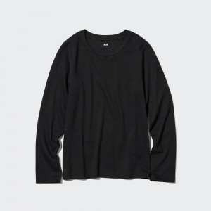 Uniqlo Smooth Stretch Cotton Crew Neck Long Sleeved Top T-shirt Dam Svarta | QULRP-6890