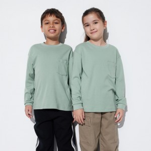 Uniqlo Soft Brushed Cotton Crew Neck Long Sleeved T-Shirt T-shirt Barn Gröna | SEQGM-4628