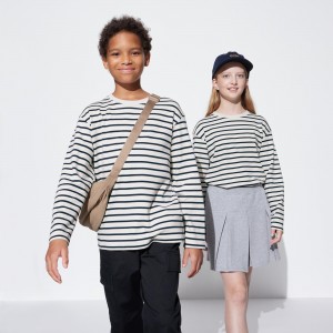 Uniqlo Soft Brushed Cotton Striped Crew Neck Long Sleeved T-Shirt T-shirt Barn Vita | ZVJNL-7819