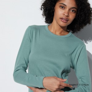 Uniqlo Soft Ribbed Fitted Crew Neck Long Sleeved T-Shirt T-shirt Dam Gröna | KLCPU-8950