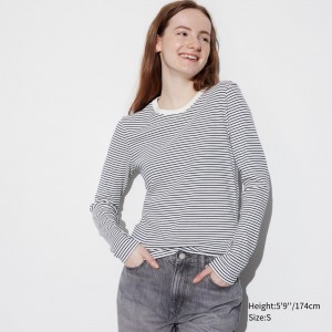 Uniqlo Soft Ribbed Fitted Striped Crew Neck Long Sleeved T-Shirt T-shirt Dam Vita | LERBO-3416
