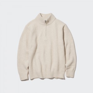 Uniqlo Souffle Yarn Half Zipped Jumper Jumpers Herr Beige | GHAOZ-4527
