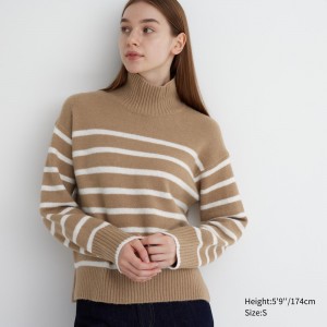 Uniqlo Souffle Yarn Striped High Neck Jumper Jumpers Dam Beige | TDEIX-6310