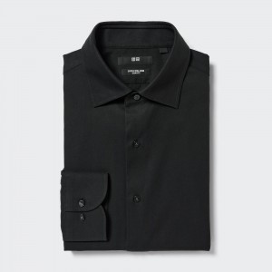 Uniqlo Super Non Iron Slim FiT-Shirt Semi Cutaway Collar Skjorta Herr Svarta | PUIYG-9153