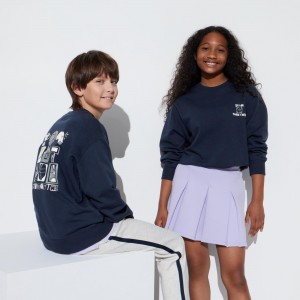 Uniqlo Ultra Stretch Graphic Sweatshirt Hoodie Barn Marinblå | CFADV-3689