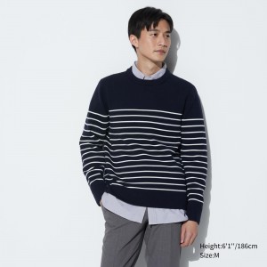 Uniqlo Washable Milano Ribbed Striped Crew Neck Jumper Jumpers Herr Marinblå | SWOEY-4612